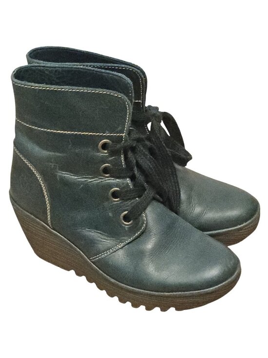 Fly London Shoes - Fly London Yarn Teal Leather Wedge Booties Boots Size 40 US 9